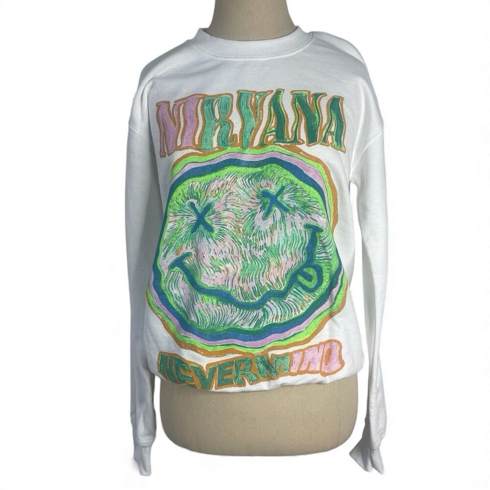 Nirvana Band Smiley Face Tie Dye Sweatshirt Juniors XS White Crewneck Pullover